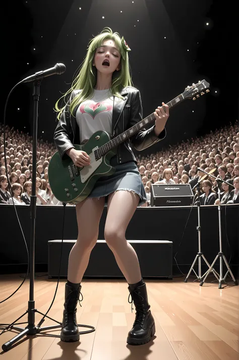 High quality, masterpiece, Vannamelon, charismatic female music teacher performing on dimly lit stage, striking powerful stance with electric guitar held confidently, intense facial expression showing complete immersion in performance, head thrown back wit...