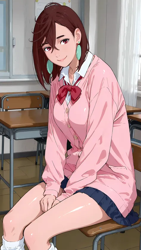 (masterpiece,best quality:1.2,amazing quality,very aesthetic, absurdres, newest), (anime coloring), official style,( Ayase Momo, Dandadan),1girl,solo,(skinny:1.2), medium breasts,medium hair,brown hair,brown eyes,smile,pink cardigan, long cardigan, long sl...