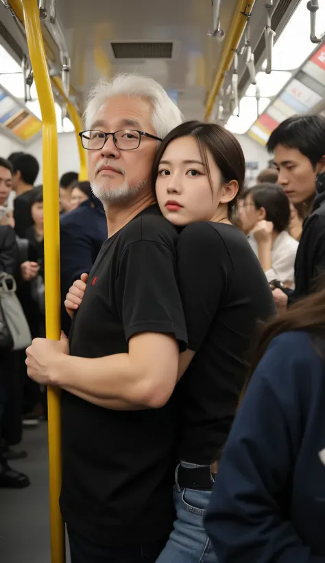 Amid the crowds of TOKYO subway passengers at rush hour, a beautiful Japanese woman and her boyfriend an old Japanese man with white hair and fat body caught in a dense stream of passengers. They stood in a row sideways in the crowded subway. The body of a...