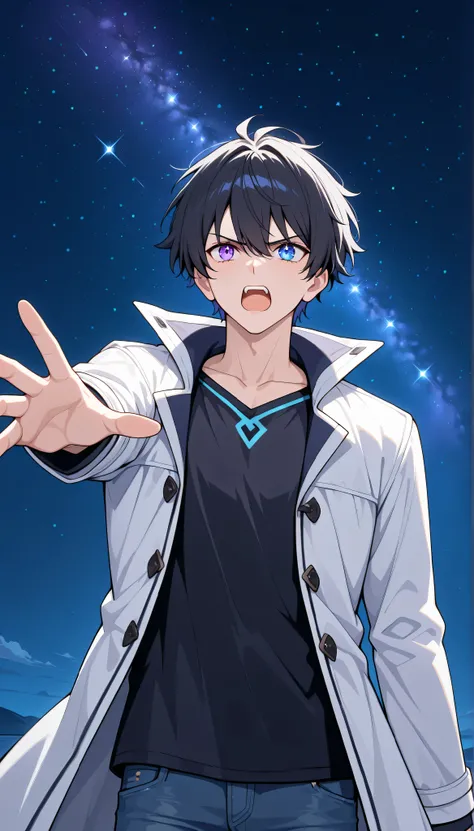 Kevin, masterpiece, Best Quality, very aesthetic, 1male, cool, Adult male, Height 175cm, male college student, black hair, blue eye, heterochromia, purple eye,(white coat, long coat), (black shirt), jeans, solo, angry, open mouth, reaching out, outdoor, ((...