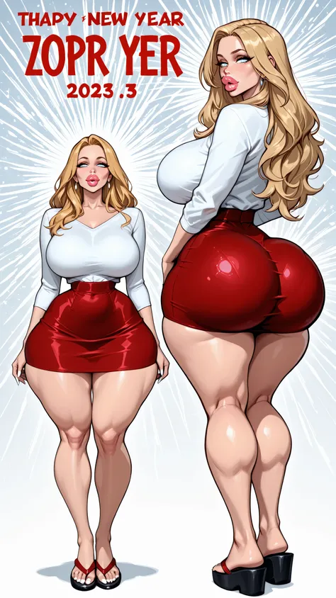 [Character sheet, milification, Women, light blue eyes, bimbo lips ((FULL LIPS, puffy lips, big lips, thick lips)), golden blonde hair, The expression would be, copos, Milf ( mature mother), massive breasts, white shirt, skirt below the knees, long thighs...
