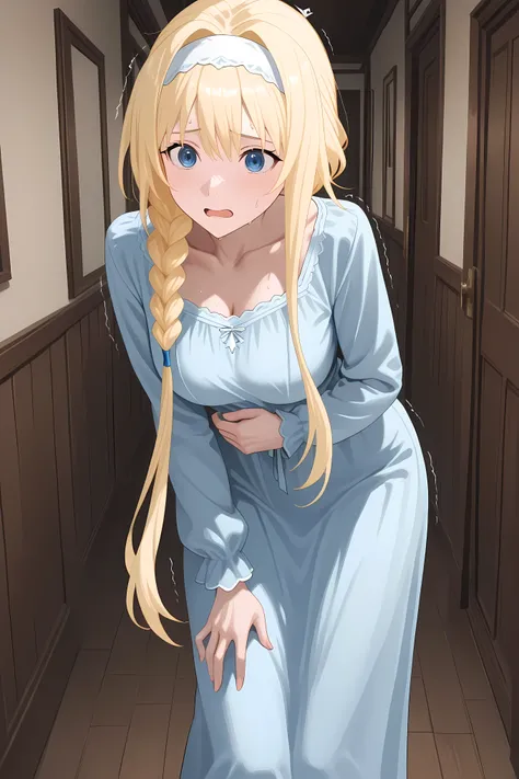 braided ponytail, long hair, blonde hair, blue eyes, white hairband,AliceSleepwear, collarbone, sleepwear, light blue dress, long dress, long sleeves, Solo, general, masterpiece, highres, ultra-detailed, hyper-detailed, best quality,  amazing quality, very...