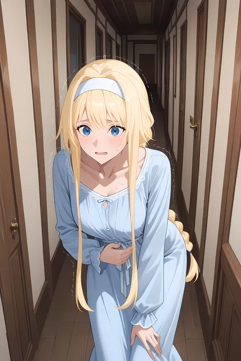 braided ponytail, long hair, blonde hair, blue eyes, white hairband,AliceSleepwear, collarbone, sleepwear, light blue dress, long dress, long sleeves, Solo, general, masterpiece, highres, ultra-detailed, hyper-detailed, best quality,  amazing quality, very...