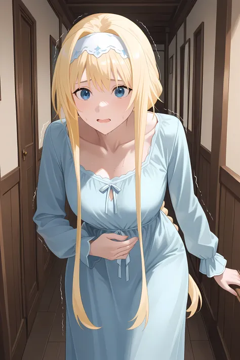 braided ponytail, long hair, blonde hair, blue eyes, white hairband,AliceSleepwear, collarbone, sleepwear, light blue dress, long dress, long sleeves, cowboy shot, Solo, general, masterpiece, highres, ultra-detailed, hyper-detailed, best quality,  amazing ...