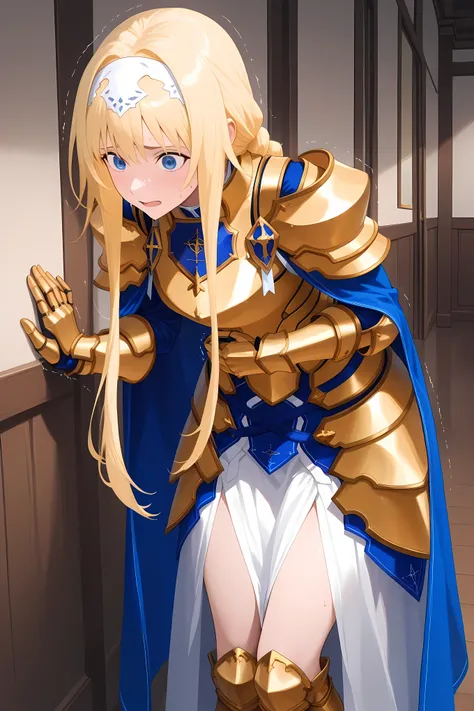 braided ponytail, long hair, blonde hair, blue eyes, white hairband,AliceArmor, gold armor, pauldrons, blue cape, gauntlets, faulds, long skirt, white skirt,   ,Solo, general, masterpiece, highres, ultra-detailed, hyper-detailed, best quality,  amazing qua...
