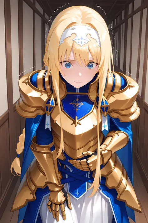 braided ponytail, long hair, blonde hair, blue eyes, white hairband,AliceArmor, gold armor, pauldrons, blue cape, gauntlets, faulds, long skirt, white skirt, upper body shot,    ,Solo, general, masterpiece, highres, ultra-detailed, hyper-detailed, best qua...