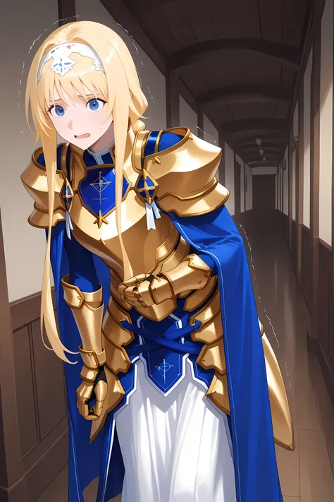 braided ponytail, long hair, blonde hair, blue eyes, white hairband,AliceArmor, gold armor, pauldrons, blue cape, gauntlets, faulds, long skirt, white skirt,   ,Solo, general, masterpiece, highres, ultra-detailed, hyper-detailed, best quality,  amazing qua...