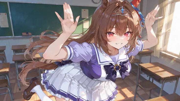 Umapyoi,hands up,one leg raised,ダイワスカーレット,{{{masterpiece}}}, {{{best quality}}}, {{ultra-detailed}}, {illustration}, {{an extremely delicate and beautiful}},1 girl,high school student,full body,spring,sunny,sunlight,classroom,looking at viewer,standing,gri...