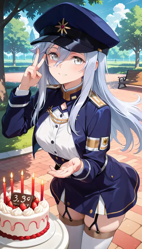 anime style, masterpiece, best quality, ultra detailed, highres, 8k, smile, 1 girl, 
Vladilena milize,  vladilena milize, grey eyes, grey hair, hair between eyes, long hair, ahoge,
blue headwear, blue jacket, blue skirt, hat, jacket, military, military hat...