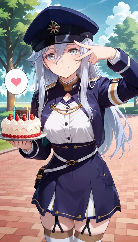 anime style, masterpiece, best quality, ultra detailed, highres, 8k, smile, 1 girl, 
Vladilena milize,  vladilena milize, grey eyes, grey hair, hair between eyes, long hair, ahoge,
blue headwear, blue jacket, blue skirt, hat, jacket, military, military hat...