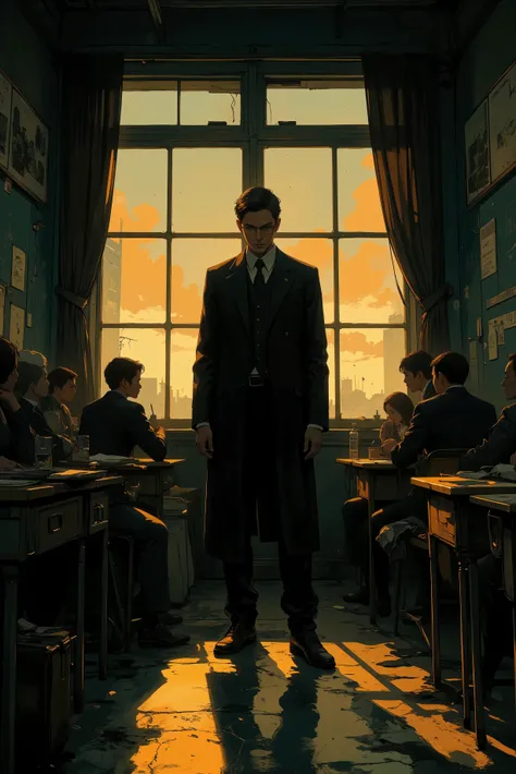 (masterpiece, best quality, anime style, cinematic lighting, detailed shading, dramatic composition),
a strict male teacher standing alone in a quiet classroom at dusk,
wearing a black suit and glasses, his expression serious and composed,
chalk dust float...