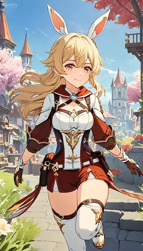 Lumine from Genshin Impact, a beautiful female explorer with golden eyes and long blonde hair adorned with white flowers and a blue ribbon, wears a white and light blue fantasy outfit with gold accents and elegant armor details. She stands gracefully with ...