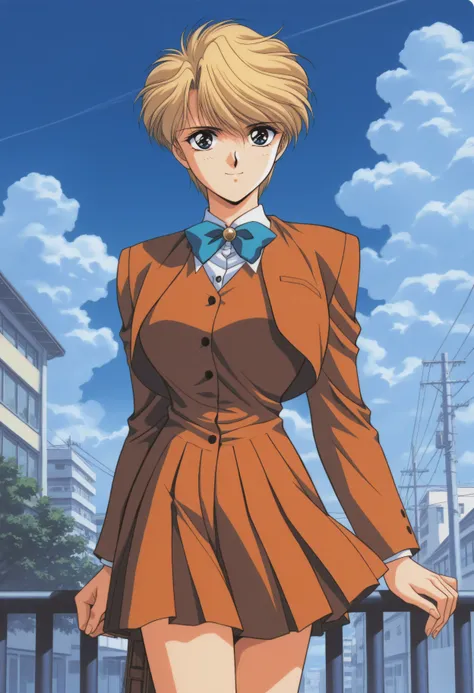 masterpiece, best quality, source_anime,official art,perfect_anatomy,1990s_\(style\),retro_artstyle,yui hongo,1girl,blue eyes,blonde hair,short hair,very short hair,,looking_at_viewer,smile,cowboy shot,day,school uniform,ribbon,blue_sky,cloud,large breasts...