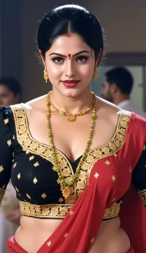 A naughty, voluptuous and curvaceous light neutral skin tone woman in completely sweaty hairs, in a traditional attire, wearing a deep red messed up elegant saree, no blouse piece and intricate jewelry glass green bangles and a red small bindi between her ...