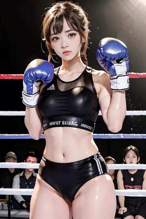 (masterpiece, highest quality), sweat、boxing,girl、wearing a black gymnastics bloomers,high leg,white blouse,high leg,fighting,vomitting blood,bloodly,sweat,