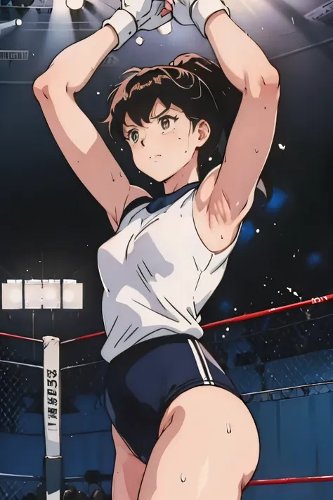 (masterpiece, highest quality), sweat、boxing,girl、wearing a black gymnastics bloomers,high leg,white blouse,high leg,fighting,vomitting blood,bloodly,sweat,