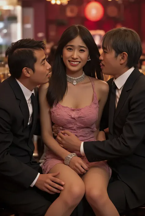 (realistic photo), Hyperrealism, full body, 1 Korean woman、(2 middle-aged men)、(sexual harassment:1.5)、(very beautiful)、(beautiful faces:1.5)、( chokers worn by women , earrings, bracelet, nail art), (detailed face:1.3)、(Cabaret Club in Shinjuku)、(hostess s...