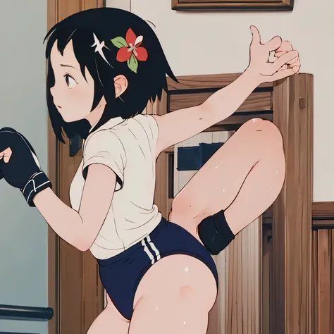 (masterpiece, highest quality), sweat、boxing,girl、wearing a black gymnastics bloomers,high leg,white blouse,high leg