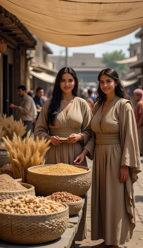 Bronze age era,(ancient Market:1.6),((Realistic cinematography cinematic wide angle depth intense details of realistically wheat grains in woven basket:kiosk scenery)),(dozens of wheat grains),focusing on two distinctive happy beauty Persian females,seller...