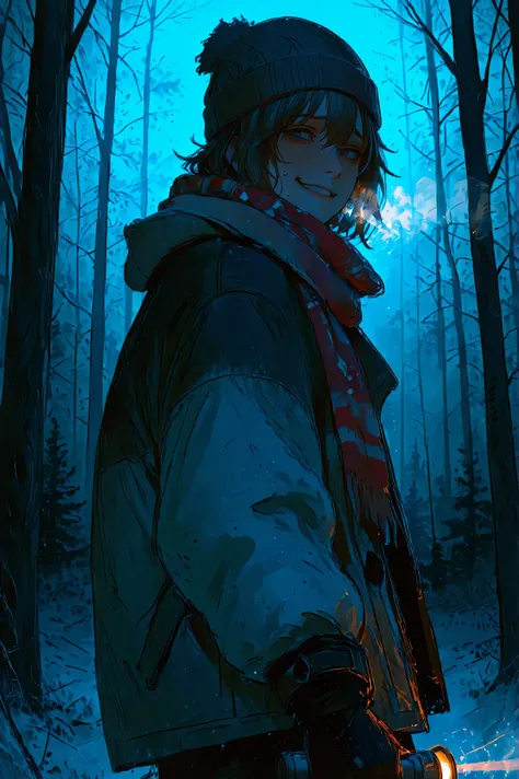 pseudo-realistic, semi-realism, realism, realistic ,748cmstyle,A young woman standing at the edge of a dark forest at night, turning her head to look back at the camera with a nervous smile and a small sweat drop on her cheek. She holds a flashlight in one...