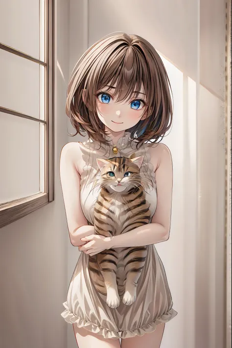 8K,High Quality,Best quality at its best,Realistic,masterpiece,cowboy shot、A delicate smile,beautiful eyes,Textured Skin,gentle and beautiful woman, girl holding a kitten ,Brilliant Colors,Rebellious Share House,I want cats to share too,Kilo,studio lightin...