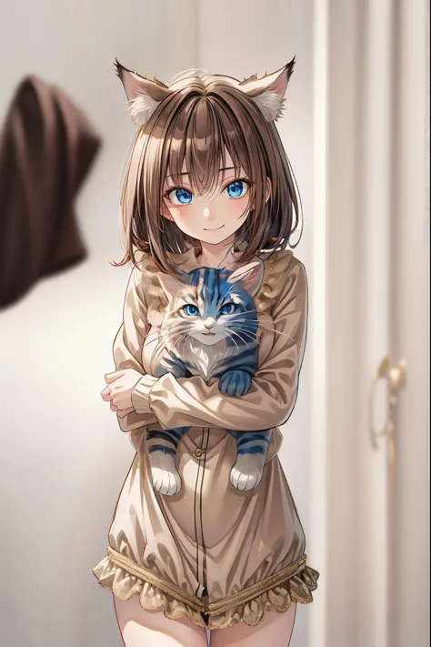 8K,High Quality,Best quality at its best,Realistic,masterpiece,cowboy shot、A delicate smile,beautiful eyes,Textured Skin,gentle and beautiful woman, girl holding a kitten ,Brilliant Colors,Rebellious Share House,I want cats to share too,Kilo,studio lightin...