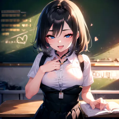 (Solo, solo human, horny office lady who hasn't masturbated in two weeks hugs the attendance book and writhes in agony, five hearts floating: 1.8) (kinky and horny female teacher, blue eyes, small breasts, Unreal Engine, 3D rendering, animated shadows, glo...