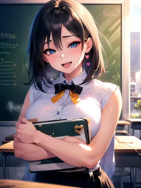 (Solo, solo human, horny office lady who hasn't masturbated in two weeks hugs the attendance book and writhes in agony, five hearts floating: 1.8) (kinky and horny female teacher, blue eyes, Unreal Engine, 3D rendering, animated shadows, glossy textures, d...