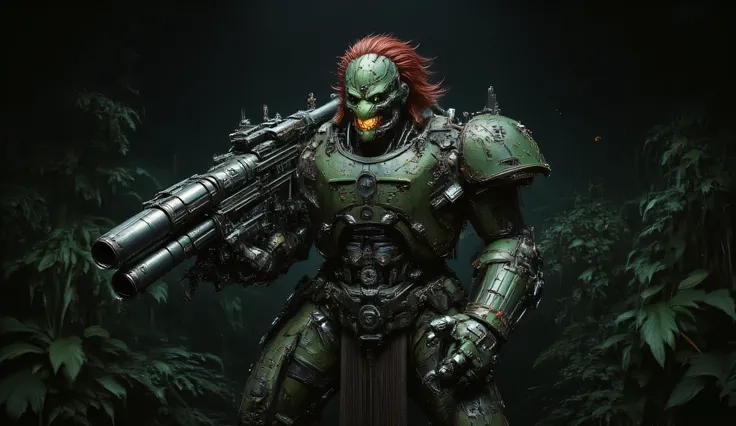 Realism. A green-skinned large cyborg orc with an iron lower jaw and a burning green cybernetic eye. He holds a rocket launcher on his shoulder. He has red hair. He is dressed in a camouflage military uniform and a cap. He is in a dense jungle at night. Th...