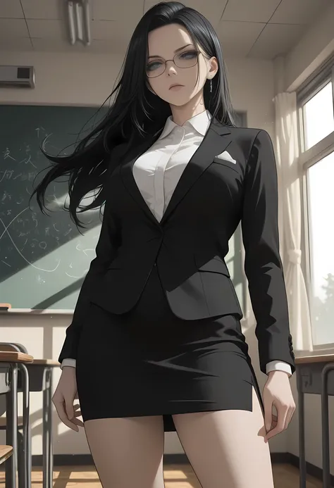 LDSCH, aesthetic, ,lazypos,Sinozick_illu,gradient, ,beautiful strict_teacher, icy expression, standing at the blackboard, classroom interior, dramatic lighting, piercing eyes, formal suit, pencil skirt, high heels, glasses, long black hair, poised elegance...