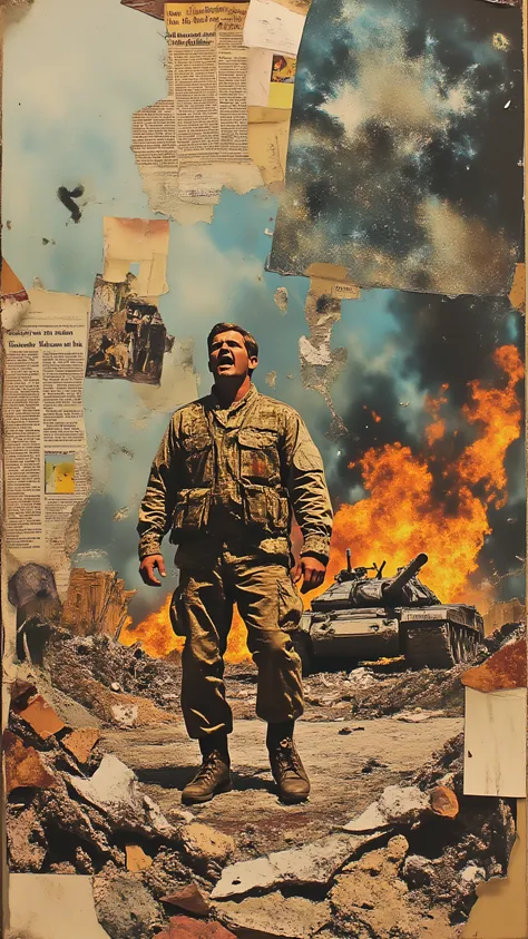 collage art, accurate shot ,modern soldier,screaming, Afghan War,  explosion, burning tank, Newspaper fragments, pictures, 8K,