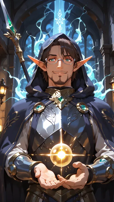 masterpiece, ultra-detailed, best quality, (1 boy, male elf, ethereal warrior mage, (silver eyeglasses, small eyeglasses), (right hand holding a spear, ornate spear glowing with magical energy), (left open hand with golden-glowing light ball hovering over ...