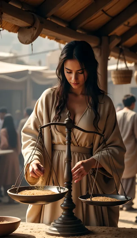 Bronze age era,(anciently primitive Market:1.6),((Realistic cinematography cinematic close-up angle depth intense details of realistically inside kiosk shop)),(focusing on anciently equilibrium pan balance scale ⚖️ tool on the table),a close-up beautifully...