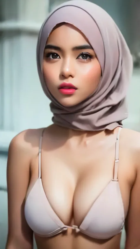 Masterpiece, RAW Photo, High-Quality, Photorealistic, in framing medium shot of (Malay girl in hijab:1.3), wearing (white bra:1.2), subtle make up, delicate facial features, detailed smooth skin textures, lustrous black eyes, delicates cherry lips, medium ...