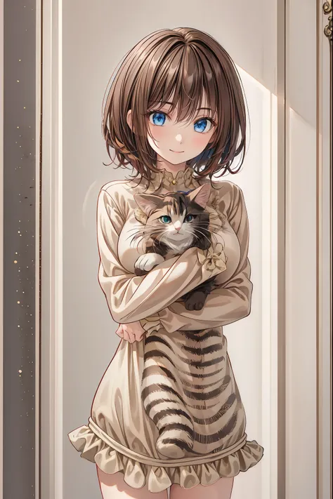 8K,High Quality,Best quality at its best,Realistic,masterpiece,cowboy shot、A delicate smile,beautiful eyes,Textured Skin,gentle and beautiful woman, girl holding a kitten ,Brilliant Colors,Rebellious Share House,I want cats to share too,Kilo,studio lightin...