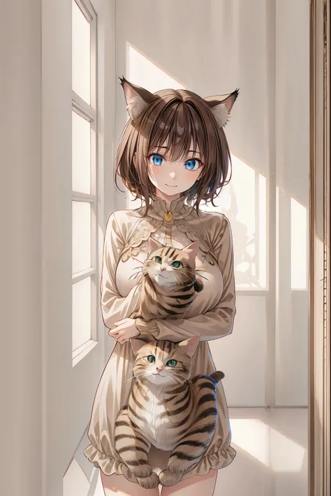 8K,High Quality,Best quality at its best,Realistic,masterpiece,cowboy shot、A delicate smile,beautiful eyes,Textured Skin,gentle and beautiful woman, girl holding a kitten ,Brilliant Colors,Rebellious Share House,I want cats to share too,Kilo,studio lightin...