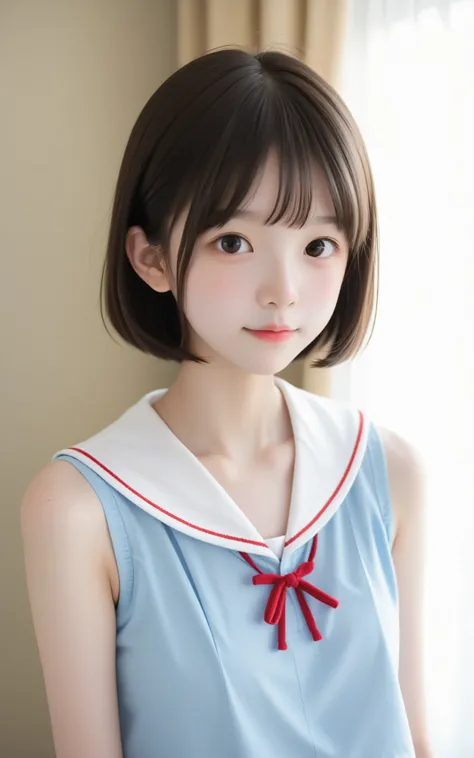 ( photo author:mr. nomi:1.5),( white skin:1.5),cute girl with detailed and round eyes,n current ,Slender,thin body,かわいいyounger女の子,skinny,score_7_ up,score_8_ up,score_9,small breasted,uniform,toddler wearing top_body,sunlight,Japanese,short,short hair, ...