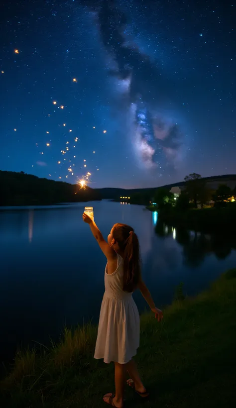 Natural night photography of an elementary school age girl with ponytail in white sundress facing toward the river, back partially to camera, reaching up to catch fireflies, low angle shot, both arms extended upward, one foot forward, sandals, her dress he...