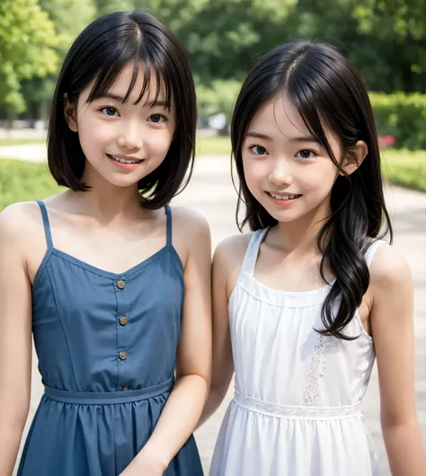 2 cute girls,((Highest Quality)),park where the nipples are almost visible,((Photo Quality)),(Slim:1.5),(detail),Tiny Chest,narrow shoulder width,perfect face,Tank Dress ,ruffle dress,(skinny:1.3),(smile:0.5)