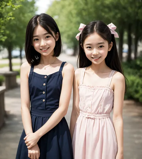 2 cute girls,((Highest Quality)),park where the nipples are almost visible,((Photo Quality)),(Slim:1.5),(detail),Tiny Chest,narrow shoulder width,perfect face,Tank Dress ,ruffle dress,(skinny:1.3),(smile:0.5)