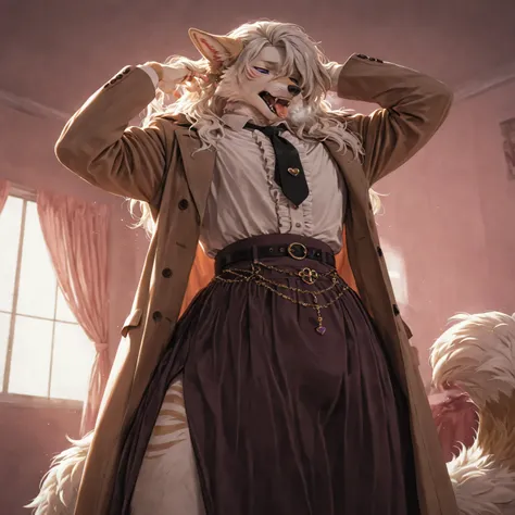 Elegant and clever Furry effeminate wolf ,soft short frilled shirt, long hair, fabric short detailed skirt, delicious bulge, short wide skirt, looking at down, eyes down, long sleeves, hearts, bow, solo, clothes room, comfortable,stylish outfits,clothes d...