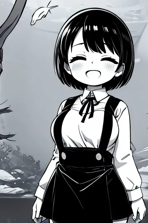 ((( Line art ))),((( monochrome:1.1))) ,(ideal ratio body proportions),1girl ,solo,iris , Dark Eyes ,( small eyes ),(Slanted Eyes) ,((closed eyes)),(black hair),( short hair ),bangs ,open mouth ,(((short stature:1.2))),(white long sleeve tunic),((black pi...