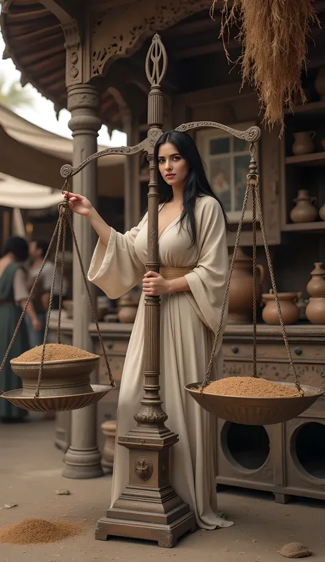 You are a digital artist specializing in hyperrealistic cinematography. Your objective is to create a detailed visual description of a Bronze Age market scene.
**Context:** The scene features a Persian busty female character in a kiosk shop, engaging with...