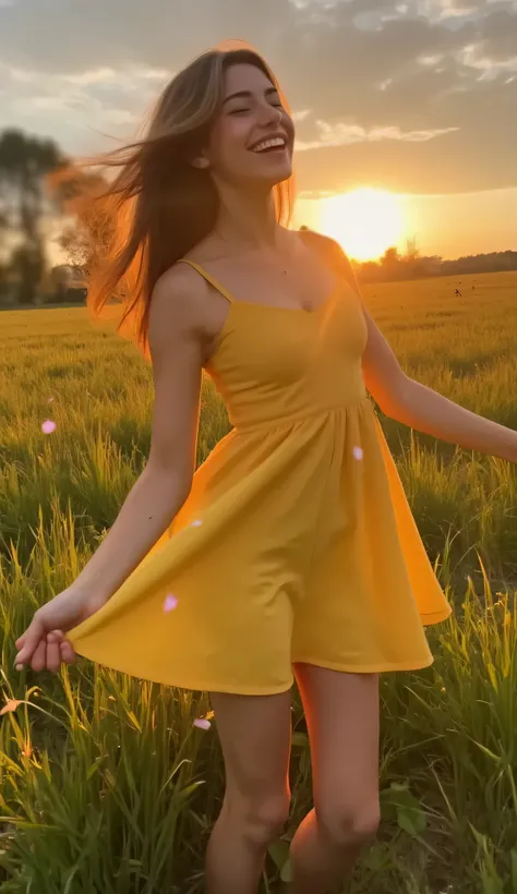 A young woman in a yellow sundress spins slowly in a field of tall grass, laughing as petals from nearby flowers drift around her. The golden sunset bathes the scene in warmth, and her loose hair flows in the wind. Painted in a dreamy, romantic style, with...
