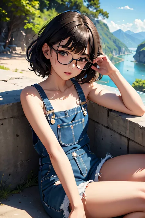 of the highest quality，masterpiece，of the highest quality，(Popart style),flat color，funny, honor student, s，Glasses，short length，Curly hair, Brown hait, romantic, blunt bangs，thick eyebrows，Girl wearing an demin overalls shorts、tank top, lying down with a ...