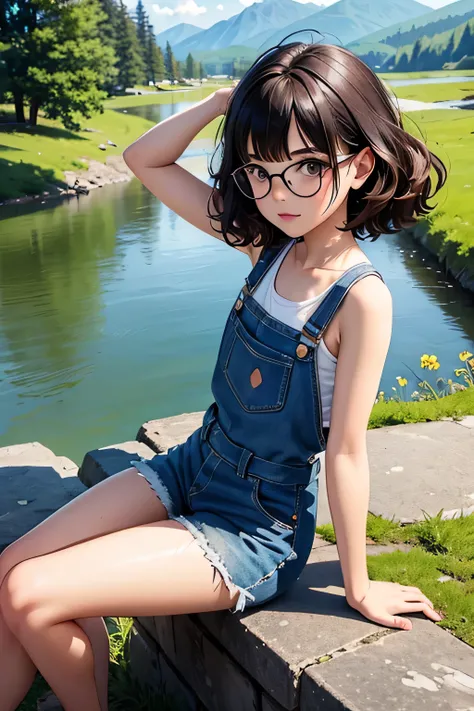of the highest quality，masterpiece，of the highest quality，(Popart style),flat color，funny, honor student, s，Glasses，short length，Curly hair, Brown hait, romantic, blunt bangs，thick eyebrows，Girl wearing an demin overalls shorts、tank top, lying down with a ...