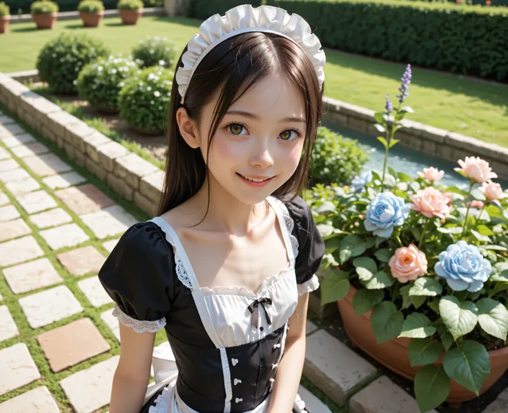 (Biological Corpse Factory)、maids,Look at the audience,(skinny:1.04),(younger:0.97),from above,(medium chest:0.62),slouching forward,slouches forward,Japanese,(Smile Yang:0.84),Black Lace Stockings,take off your clothes and show your breasts