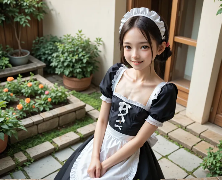 (Biological Corpse Factory)、maids,Look at the audience,(skinny:1.04),(younger:0.97),from above,(medium chest:0.62),slouching forward,slouches forward,Japanese,(Smile Yang:0.84),Black Lace Stockings,take off your clothes and show your breasts