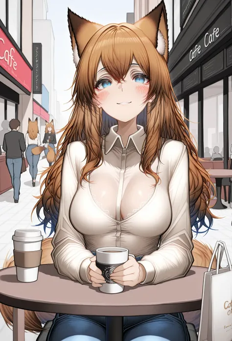 masterpiece,best quality,amazing quality, tab head, fox girl, brown hair,blue eyes, brown fox ears, brown fox tail, wavy hair, hair between eyes, medium breasts, mature female, lace trim shirt, long sleeves, buttoned shirt, collared shirt, mall, holding sh...