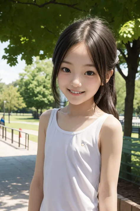 公園で笑っているyoungerかわいい女の子, Narrow Shoulder, cute faces getting creampied, white skin, younger, flat chest,(braids:0.5),(twin tails:0.5),(ponytail:0.5)